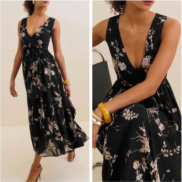 Reformation Farah Midi Dress Sz4 Sybil Black Floral Wedding Causal French